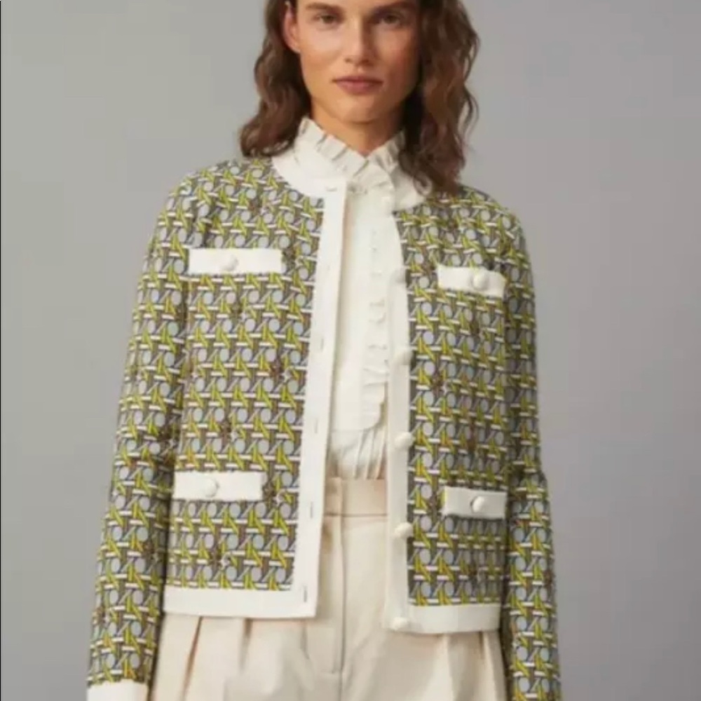 Tory Burch Jacquard 100% Silk Lined Plaid Kendra Cardigan Size XS
